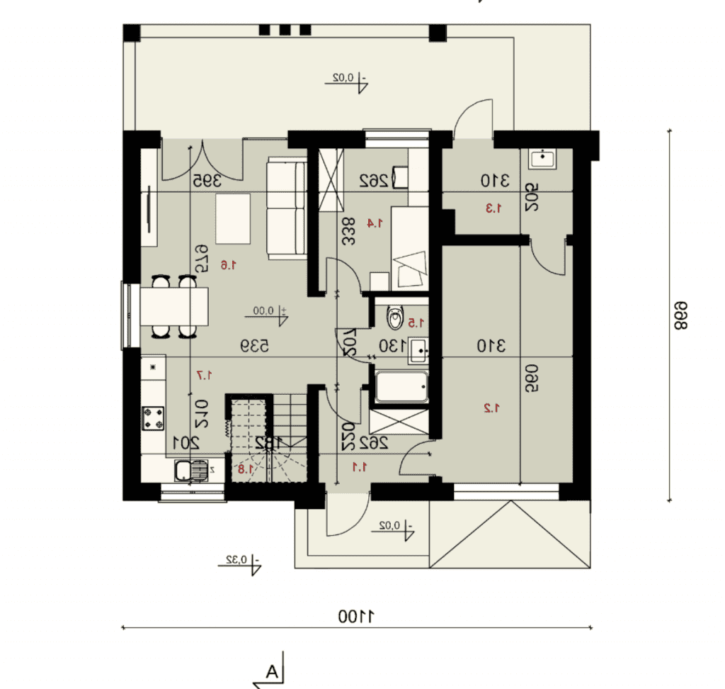 Rzut parteru - projekt domu SEJ-PRO 035 ENERGO - odbicie lustrzane