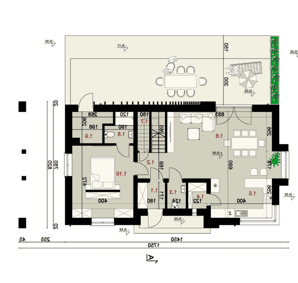 Rzut parteru - projekt domu SEJ-PRO 043 ENERGO - odbicie lustrzane