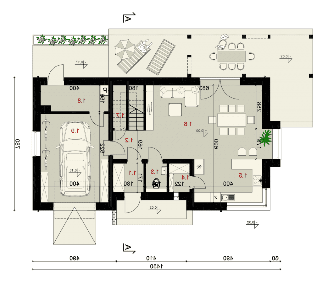 Rzut parteru - projekt domu SEJ-PRO 044/1 ENERGO - odbicie lustrzane