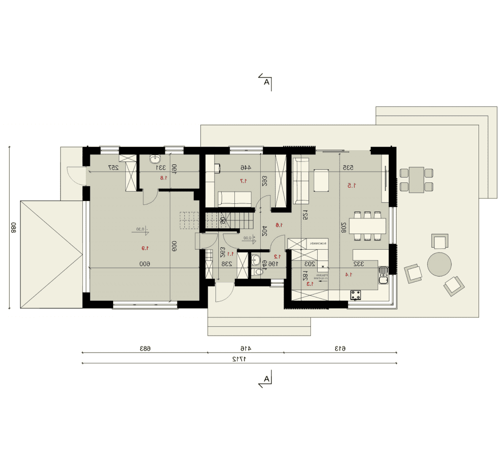Rzut parteru - projekt domu SEJ-PRO 050 ENERGO - odbicie lustrzane
