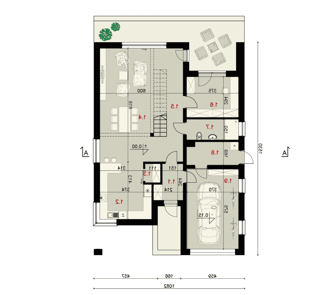 Rzut parteru - projekt domu SEJ-PRO 012 ENERGO - odbicie lustrzane