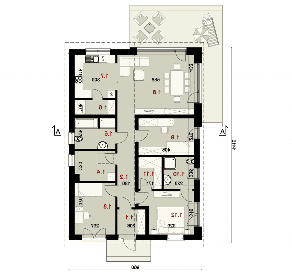 Rzut parteru - projekt domu SEJ-PRO 026 ENERGO - odbicie lustrzane