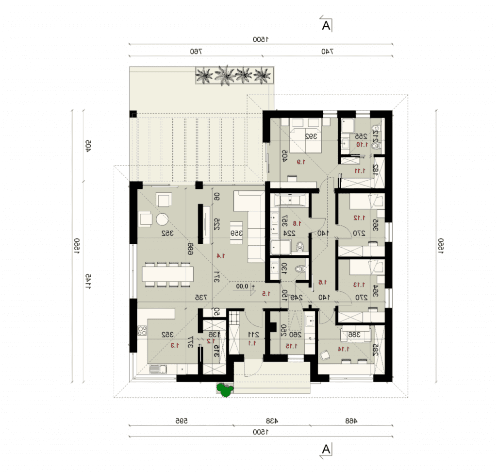 Rzut parteru - projekt domu SEJ-PRO 027 ENERGO - odbicie lustrzane
