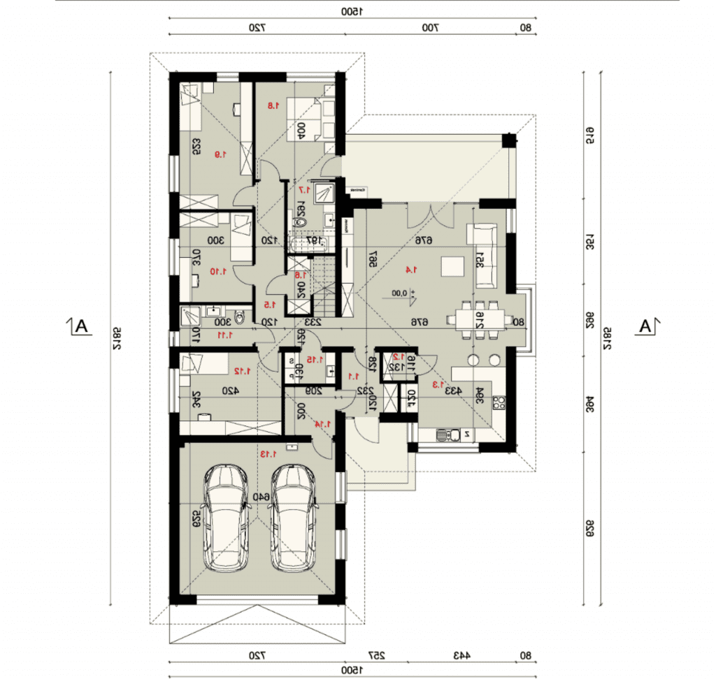 Rzut parteru - projekt domu SEJ-PRO 036 ENERGO - odbicie lustrzane