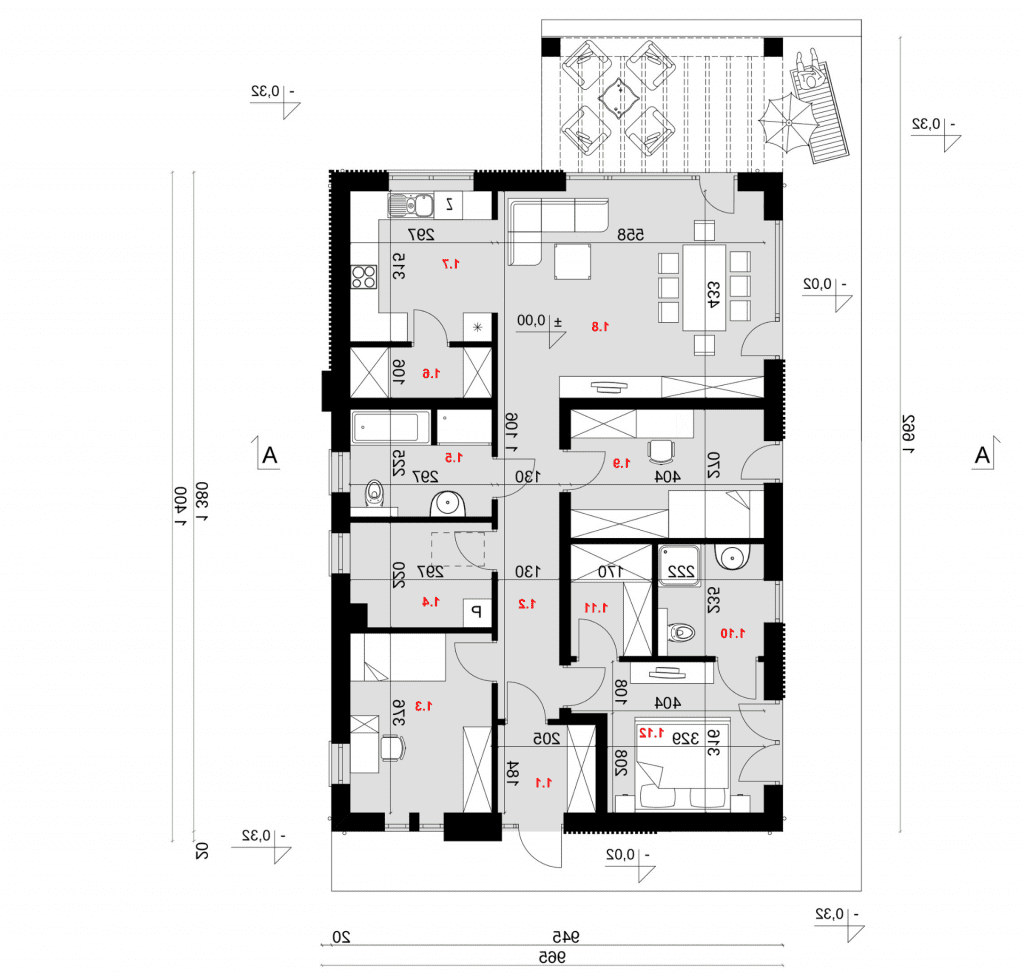 Rzut parteru - projekt domu SEJ-PRO 051 ENERGO - odbicie lustrzane