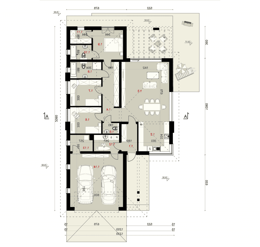 Rzut parteru - projekt domu SEJ-PRO 055 ENERGO - odbicie lustrzane