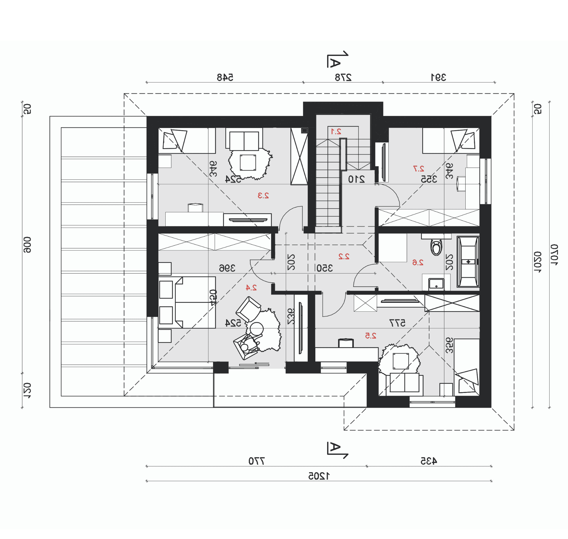 Rzut piętra - projekt domu SEJ-PRO 011 ENERGO - odbicie lustrzane