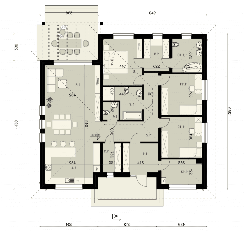 Rzut parteru - projekt domu SEJ-PRO 060/2 ENERGO - odbicie lustrzane