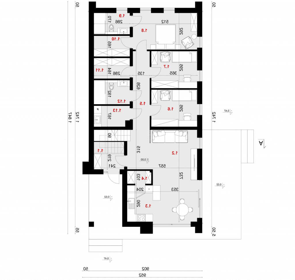 Rzut parteru - projekt domu SEJ-PRO 058 ENERGO - odbicie lustrzane