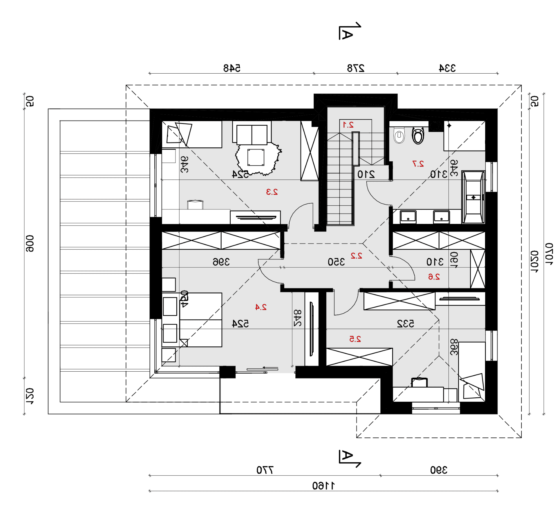 Rzut piętra - projekt domu SEJ-PRO 032 ENERGO - odbicie lustrzane