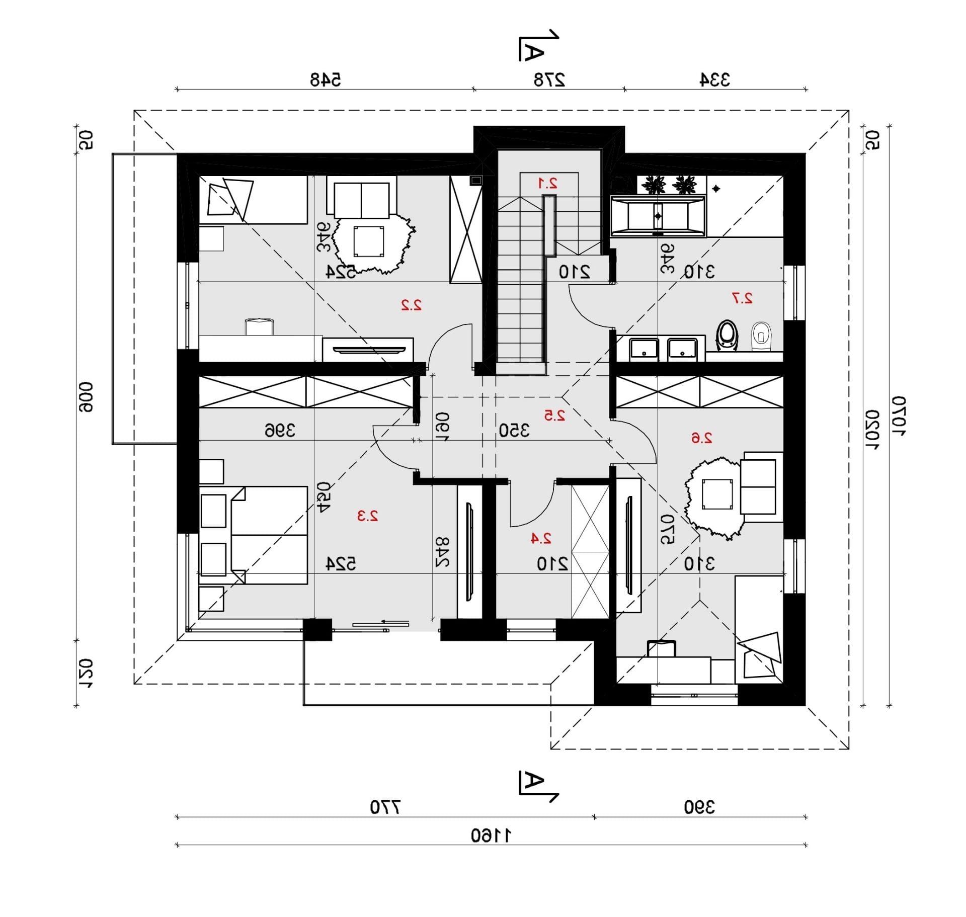 Rzut piętra - projekt domu SEJ-PRO 032/1 ENERGO - odbicie lustrzane